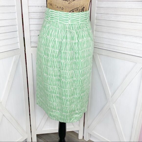 Boden Pintuck Printed Linen Skirt Green Ivory 6 Knee Length - Picture 1 of 13